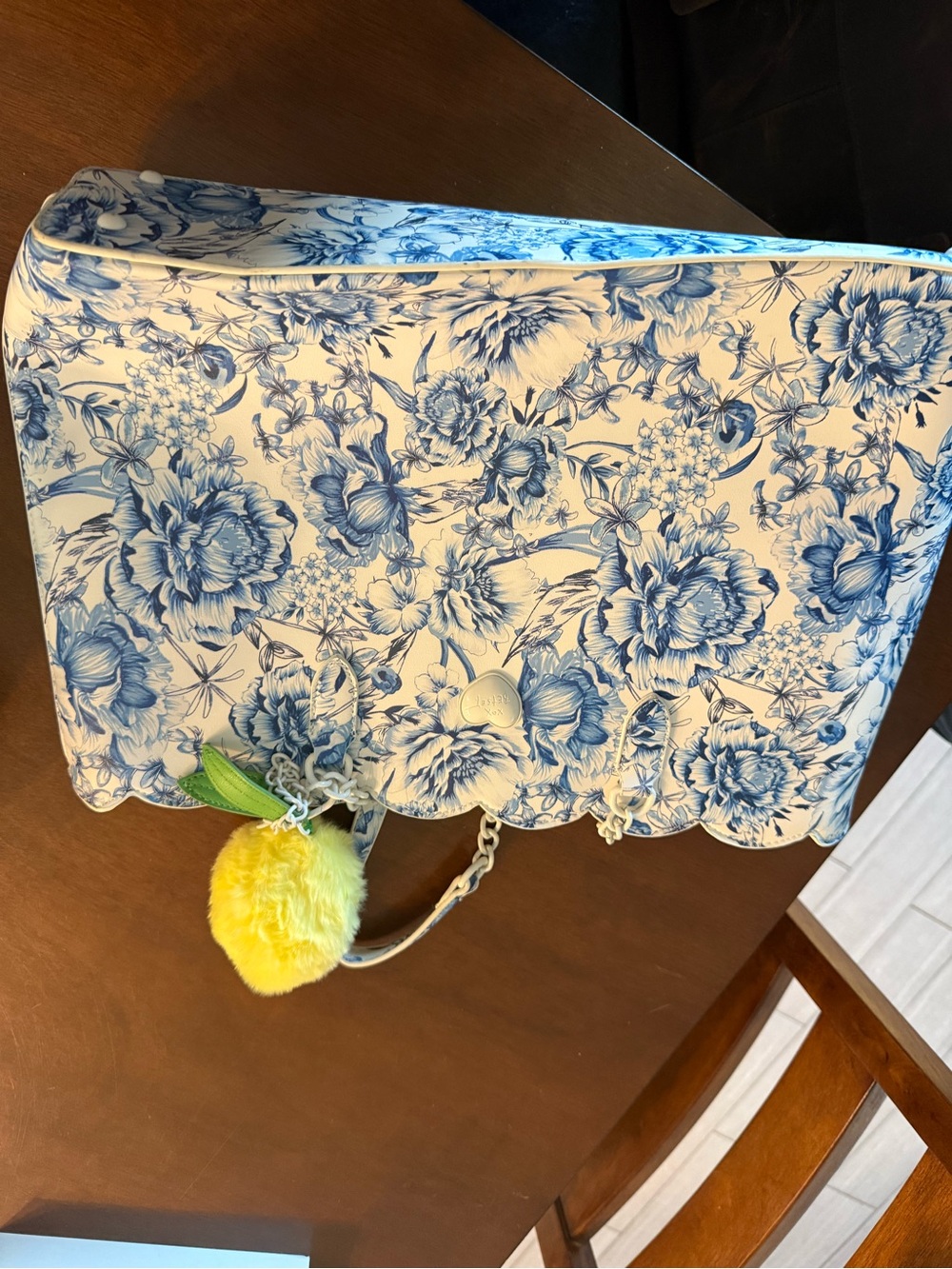 Blue Floral Decorative Storage Bag with Pom Pom Accent